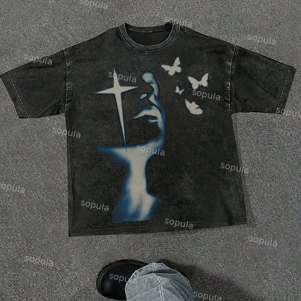 Vintage Butterfly Cross Graphic Acid Washed T-shirt - SOPULA
