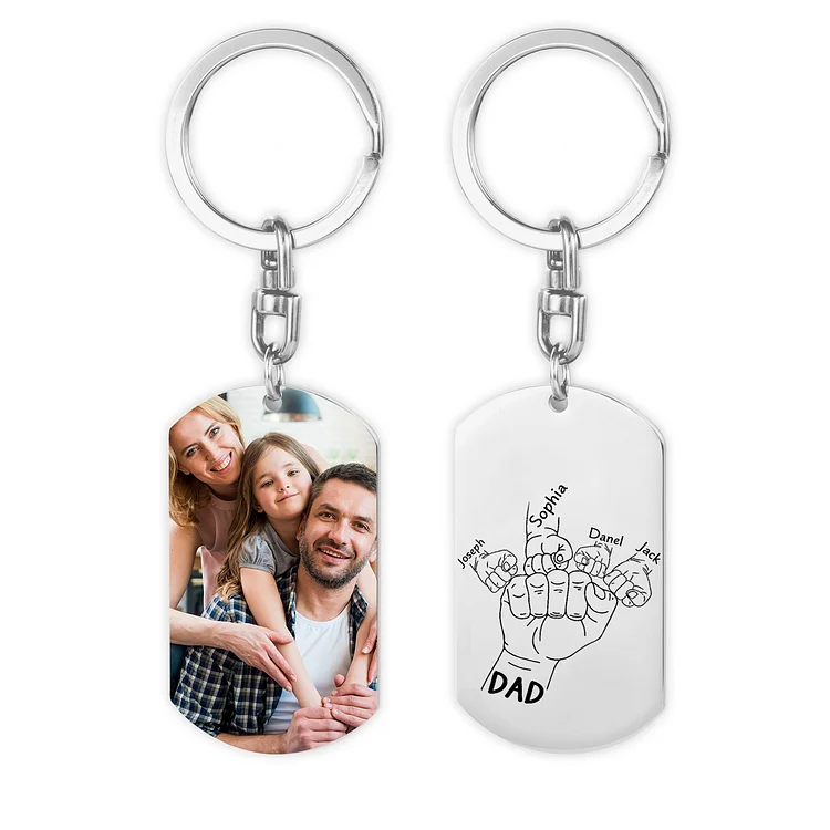 Personalized Photo Keychain Engraved 4 Names Fist Family Keychain for Dad