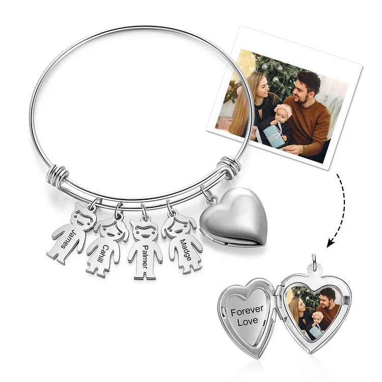 Personalized Bracelets with Heart Photo locket 4 Children Charms Engraved Names