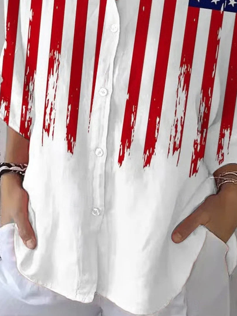 Women 3/4 Sleeve Shirt Collar National Flag Star Printed Graphic Button Tops