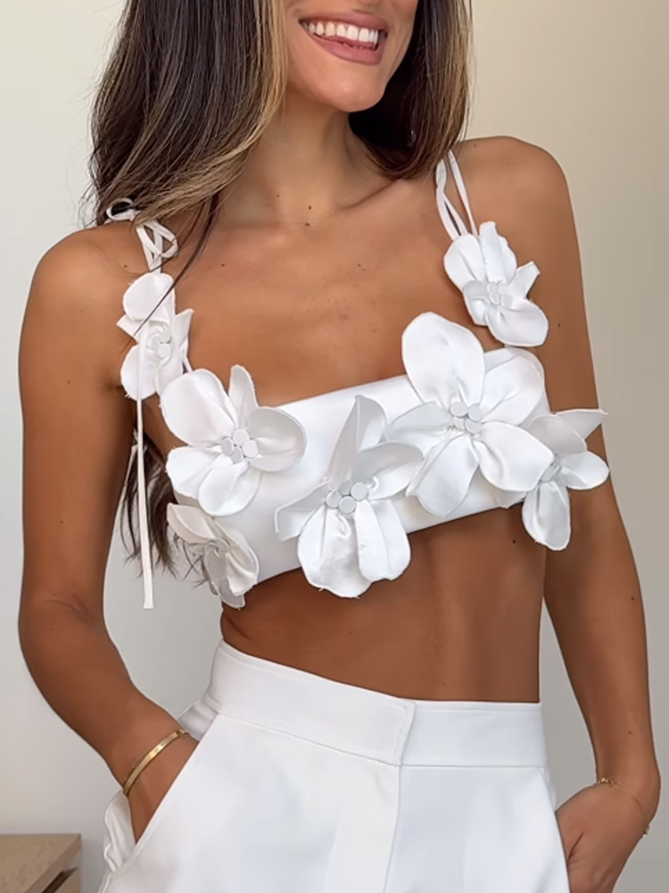 Chic 3d Flower Lace-up Spaghetti Strap Cropped Tops For Women 2024 Summer Backless Sleeveless Tube Tops Fashion Lady Beach Tops