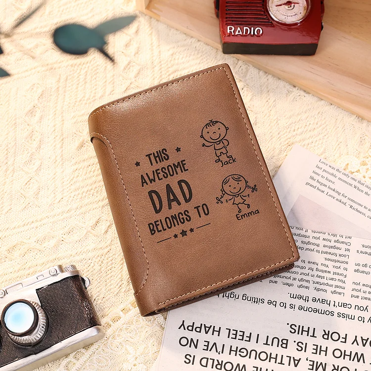2 Names-Personalized Doll Customized Leather Men's Wallet Customized Name Folding Brown Wallet for Dad