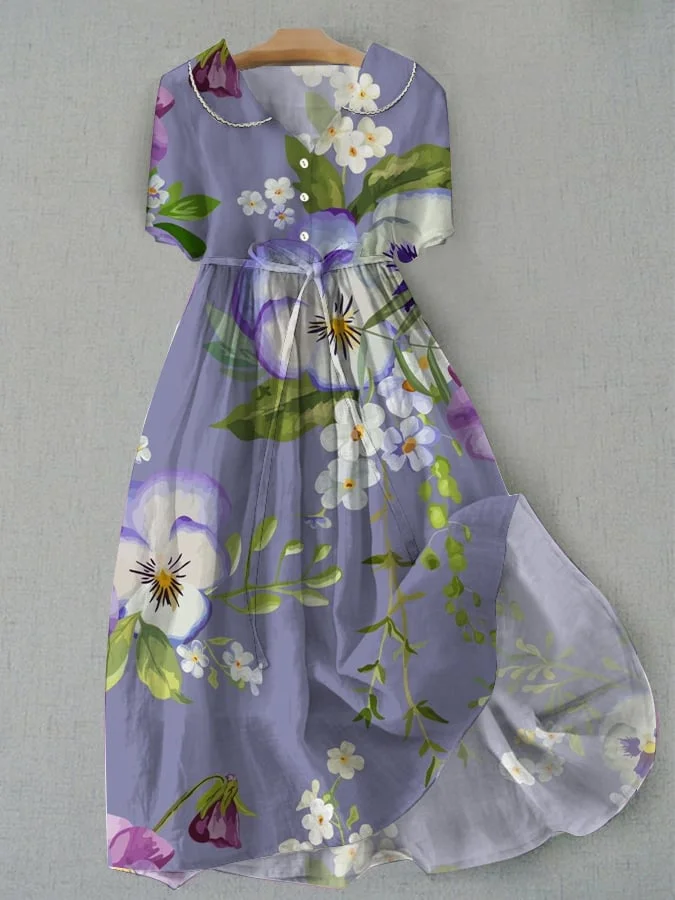 Women's Vintage Pansy Floral Design Printed Lace Up Dress