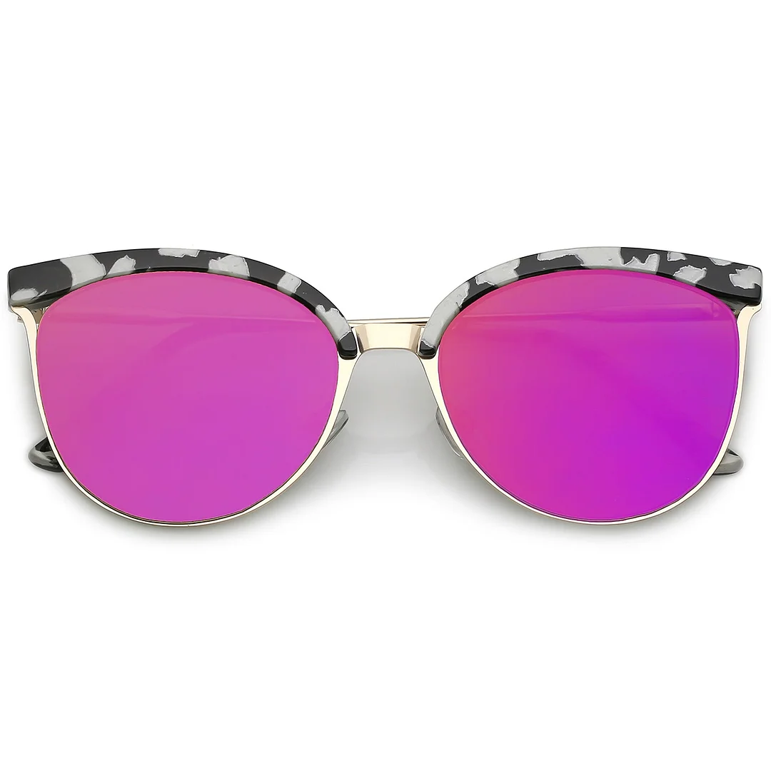 Modern Semi-Rimless Cat Eye glasses Cutout Round Mirrored Flat Lens 55mm