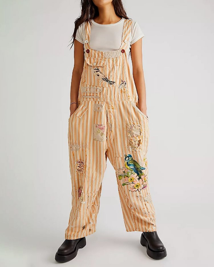 Casual Striped Flower And Bird Print Overalls