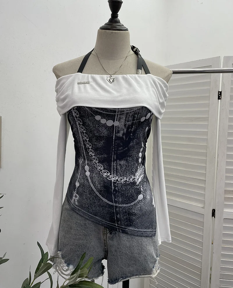 Uveng Vintage Print Shoulder Irregular Long-Sleeved T-Shirt Hanging Neck Slim Thin Short Bottom Top 2662