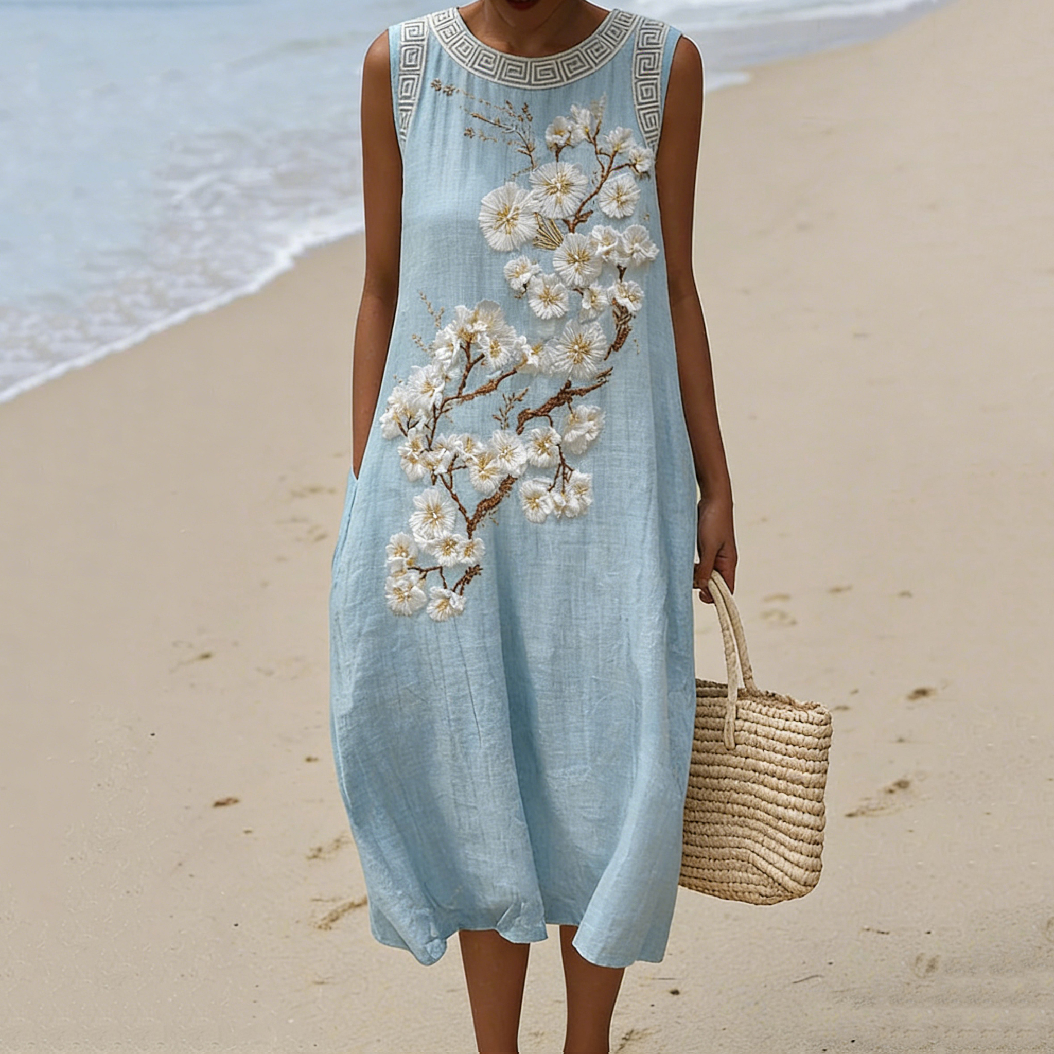 Women's Japanese Cherry Blossom Art Pattern Casual Linen Sleeveless Dress wearshes