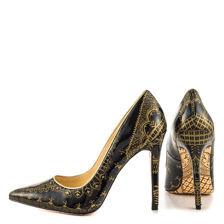 Black and Gold Floral Heels Pointy Toe Stiletto Heels Pumps |FSJ Shoes