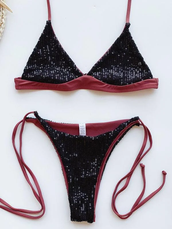 Sequined Split-Joint Triangles Split Bikini Swimsuit