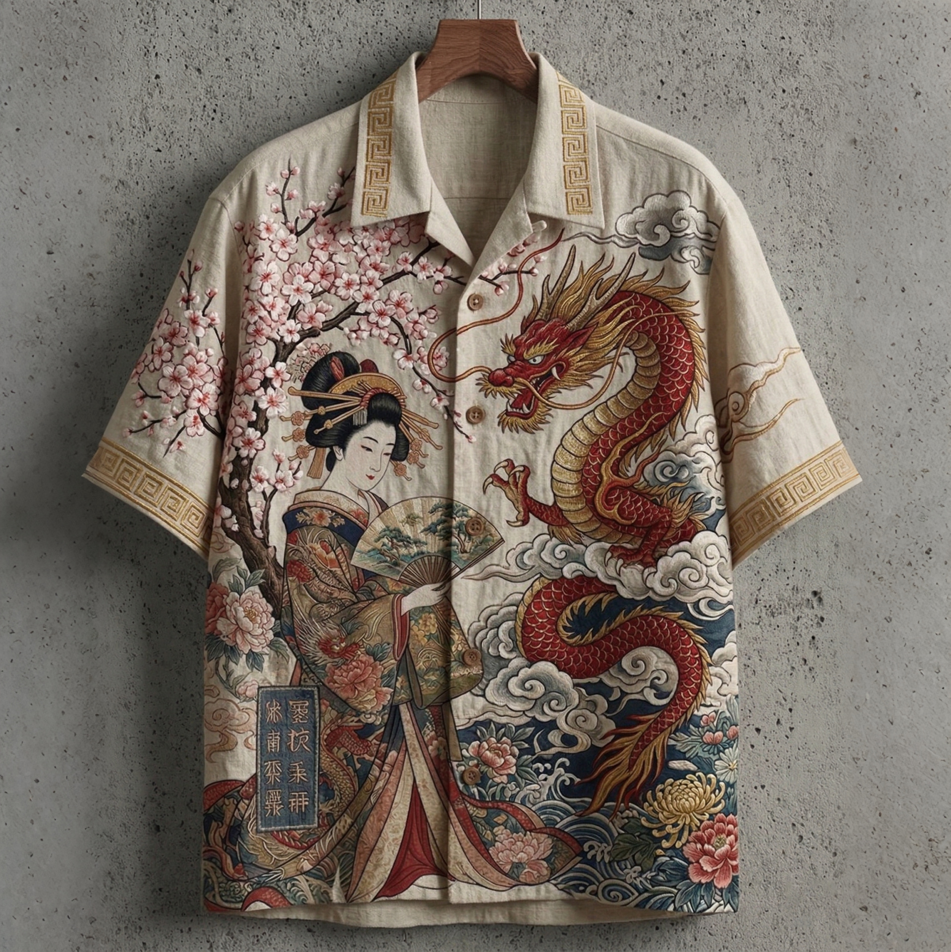 Vintage Elegant Japanese Geisha And Dragon Art Printed Short-sleeve Shirt elevenforest
