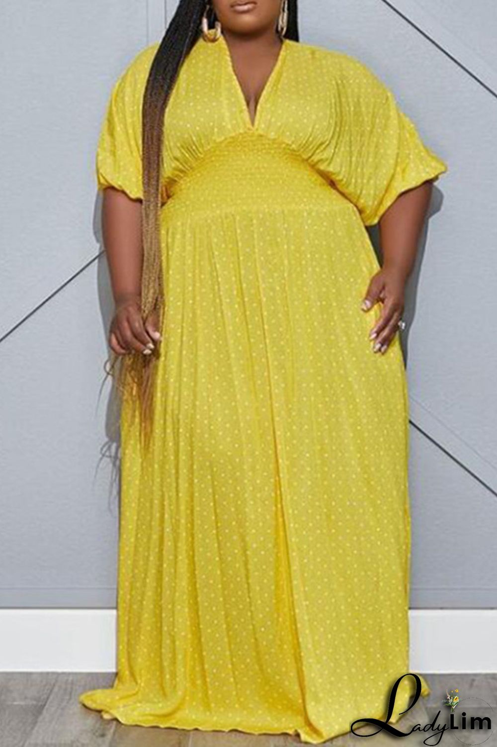 Green Fashion Casual Plus Size Dot Print Patchwork V Neck Long Dress