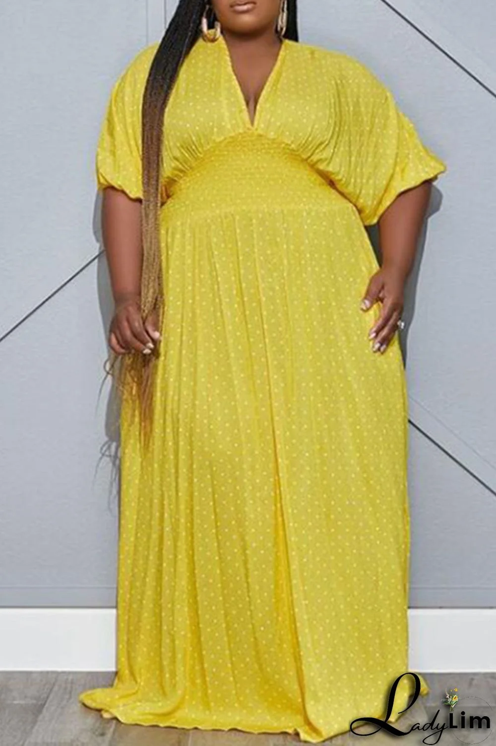 Green Fashion Casual Plus Size Dot Print Patchwork V Neck Long Dress