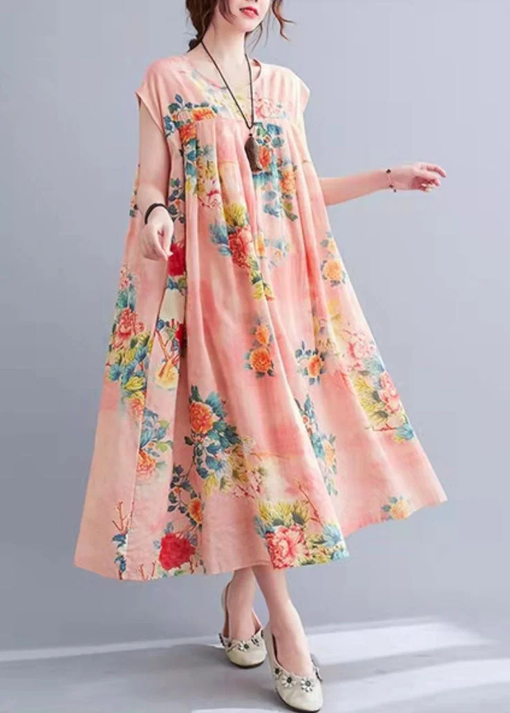 DIY Pink Print Cinched Summer Long Dress