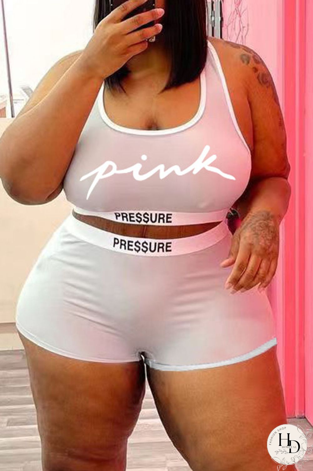 White Casual Letter Print Basic U Neck Plus Size Two Pieces