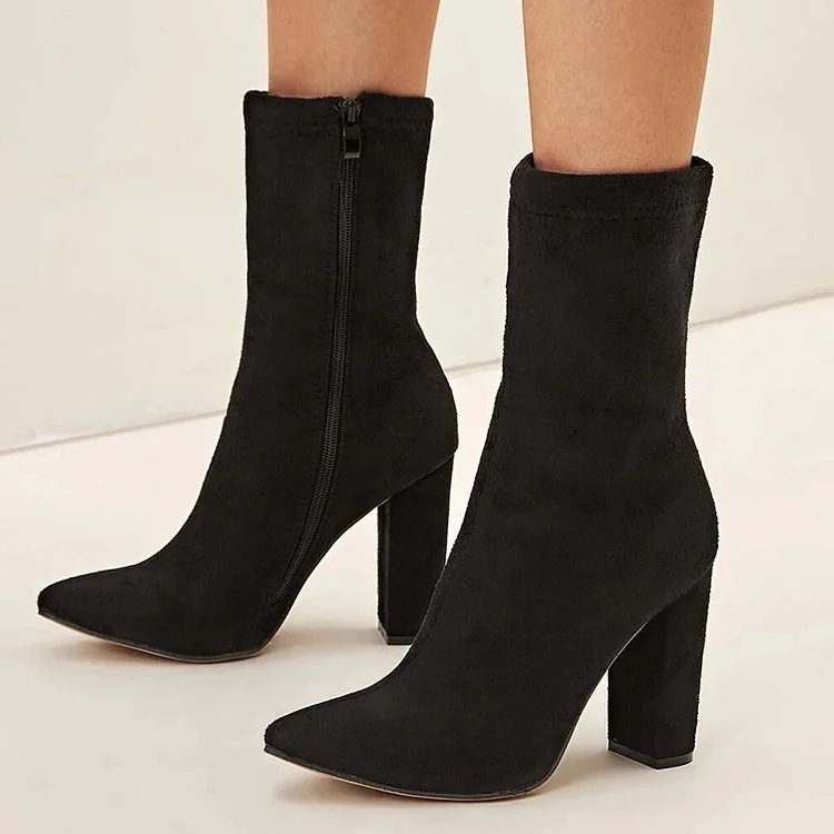 Black Vegan Suede Booties Chunky Heel Ankle Boots for Women |FSJ Shoes