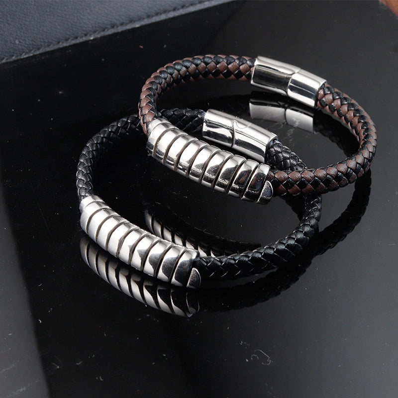 Street Retro Woven Leather String Trendy Stainless Steel Simple Leather Men's Bracelet L20305