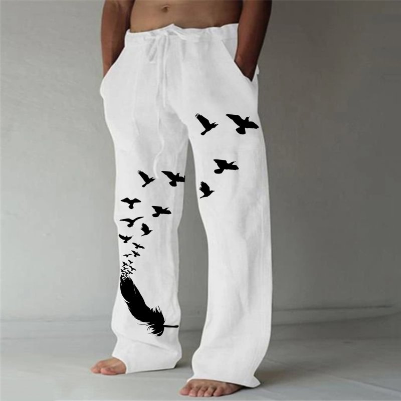 Men's Flying Birds Print Drawstring Waist Pants
