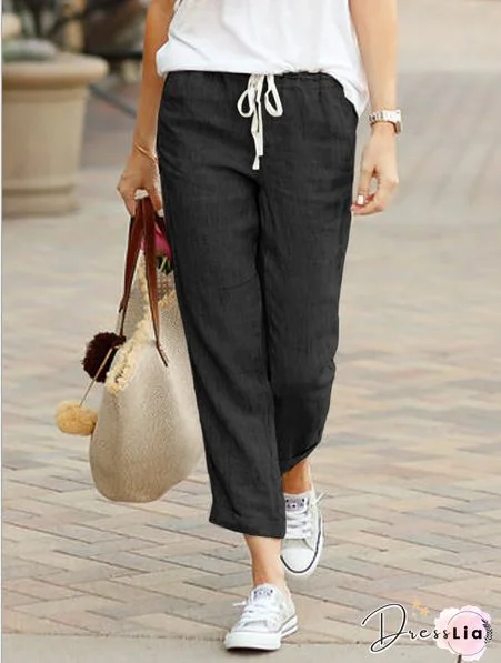 Pockets Cotton-Blend Solid Casual Pants