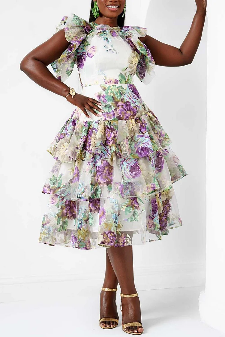 Plus Size Semi Formal Multicolor Floral Round Neck Petal Sleeve Tiered Ruffle Organza Midi Dresses [Pre-Order]
