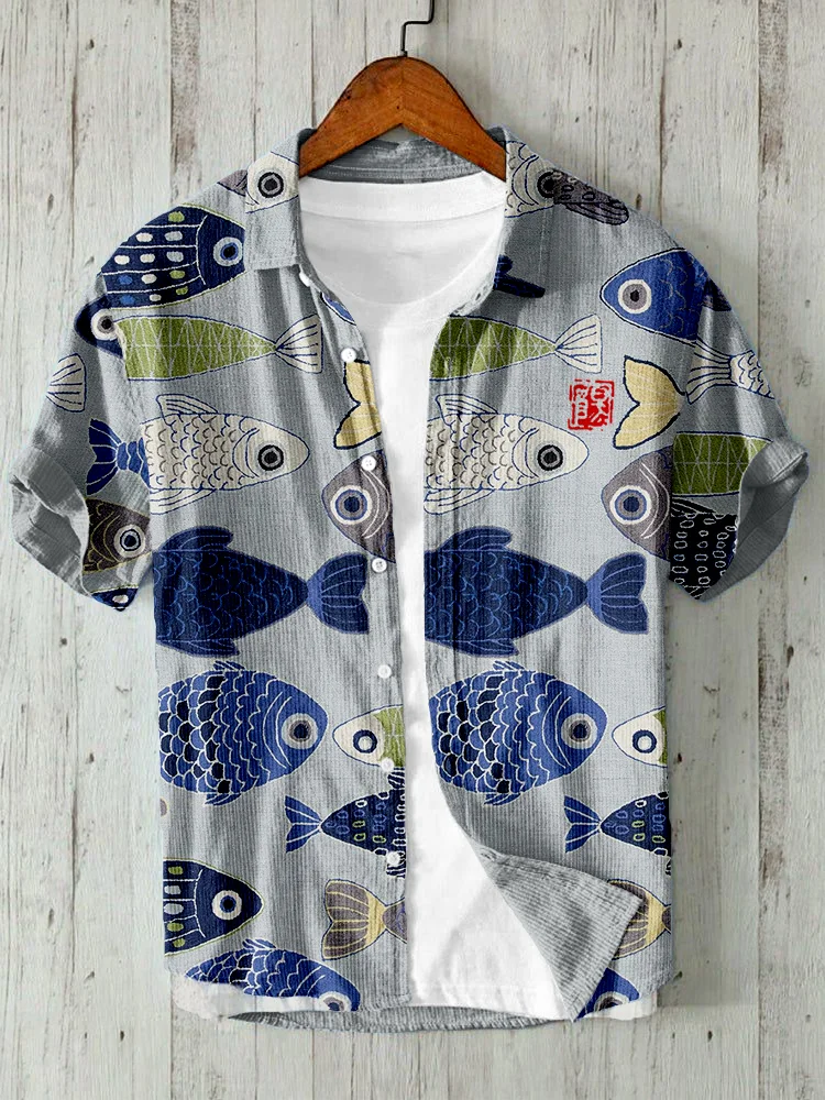 Wearshes Vintage Fish Japanese Art Linen Blend Short Sleeve Shirt
