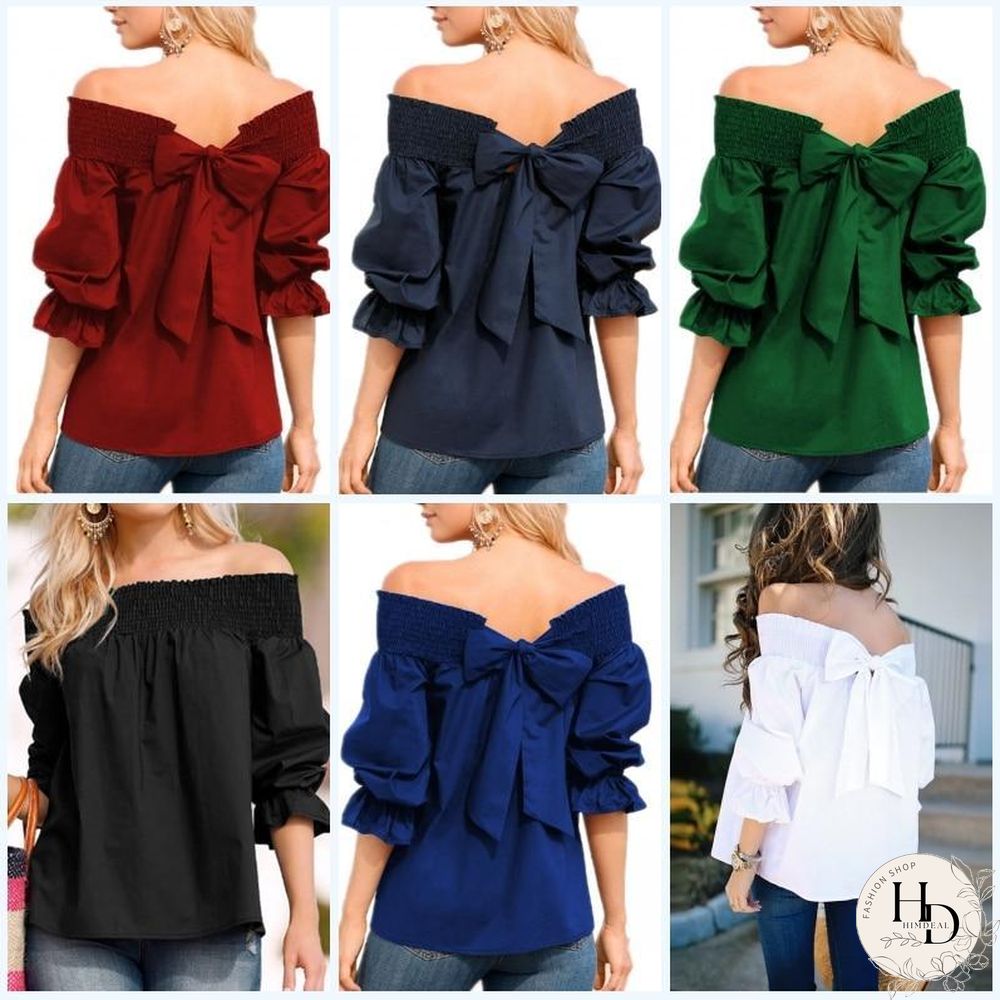 Women Sexy Off Shoulder Strapless Bowknot Slash Neck Shirts Casual Loose Plus Size Blouse Tops
