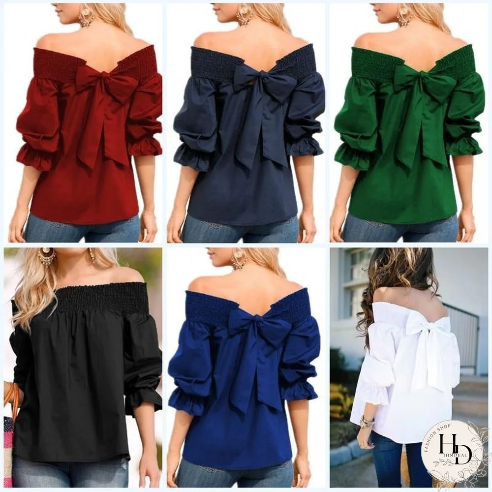 Women Sexy Off Shoulder Strapless Bowknot Slash Neck Shirts Casual Loose Plus Size Blouse Tops