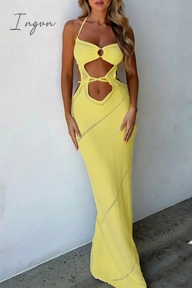 Ingvn - Sexy Vacation Solid Hollowed Out Backless Swimwears Cover Up Yellow / S Swimwears/Cover-Ups