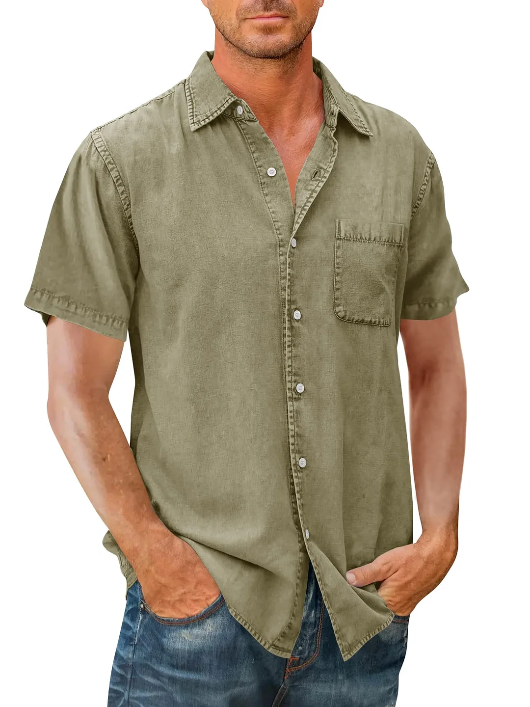 Men's Solid Color Short Sleeve Cotton Shirt