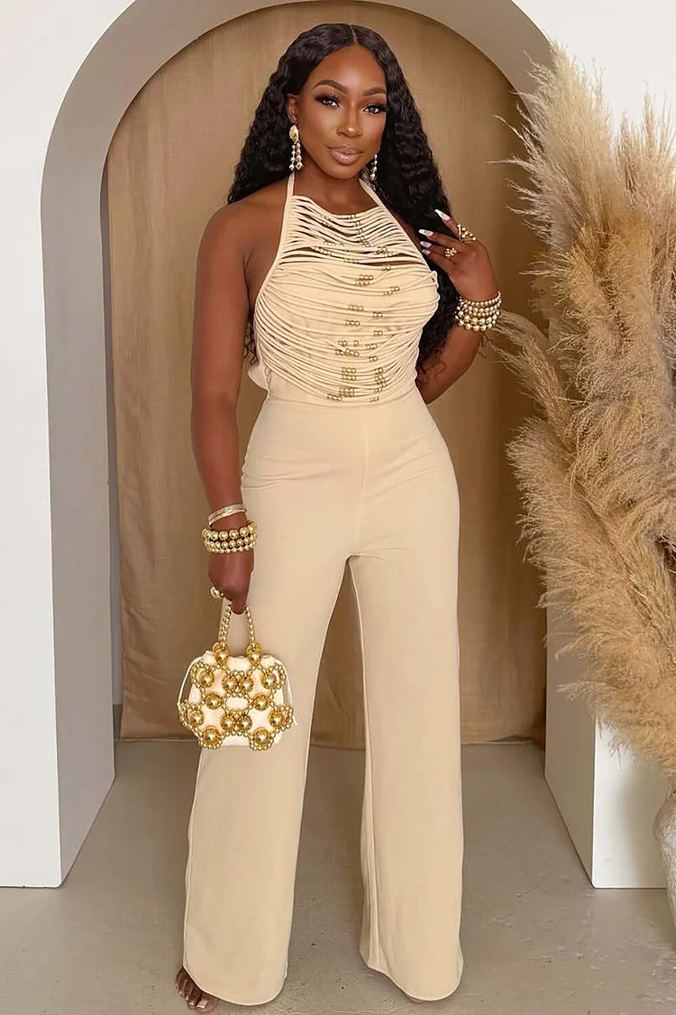 Halterneck Beady Decor Wide Leg Solid Color Jumpsuit-Beige