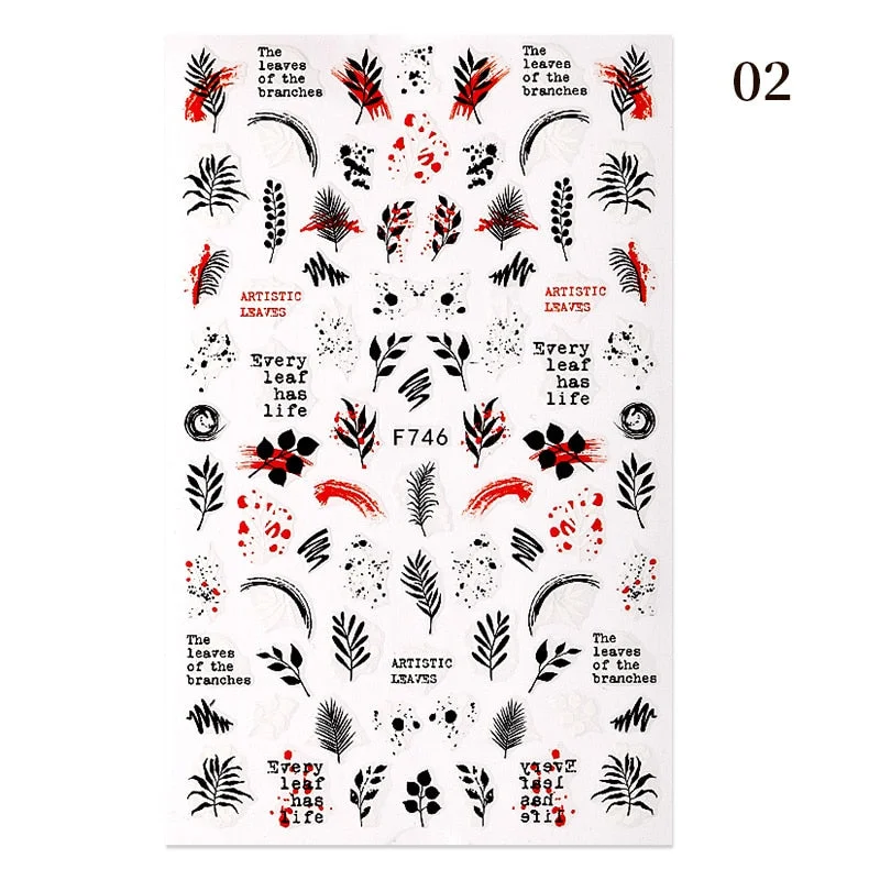 1PC Black Rose Flower Leaves 3D Nail Stickers Colorful Lines Waves Alphabet Sticker Slider Nail Art Decoration For Manicuring