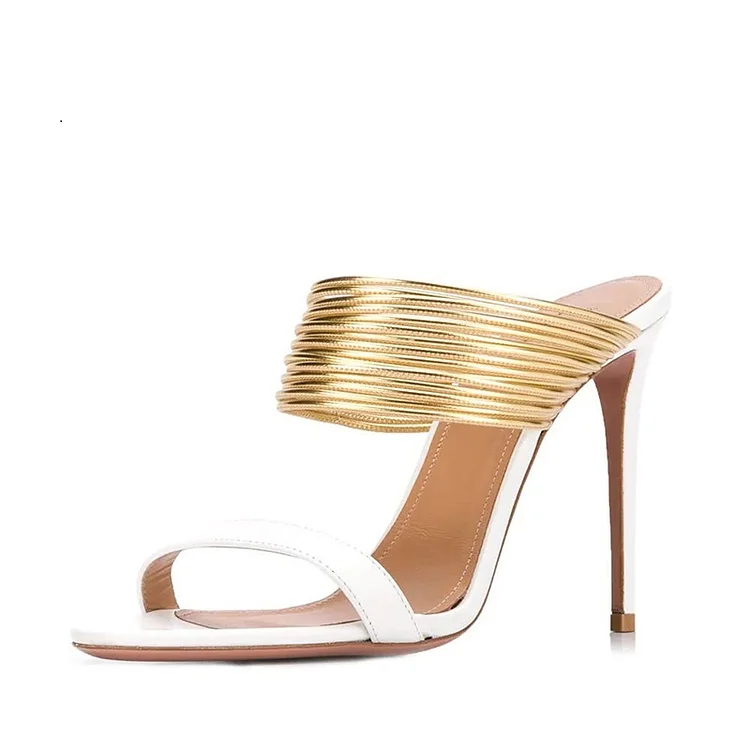 White and Gold Strap Mule Heels |FSJ Shoes