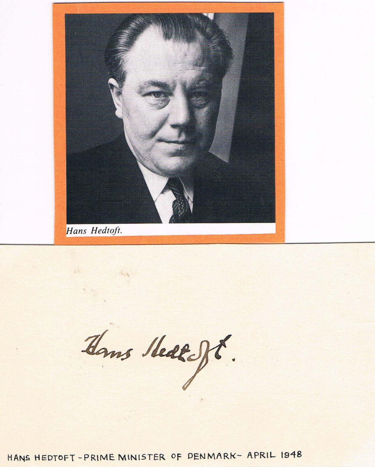 Denmark Prime Min. Hans Hedtoft 1903-55 autograph signed 3x5