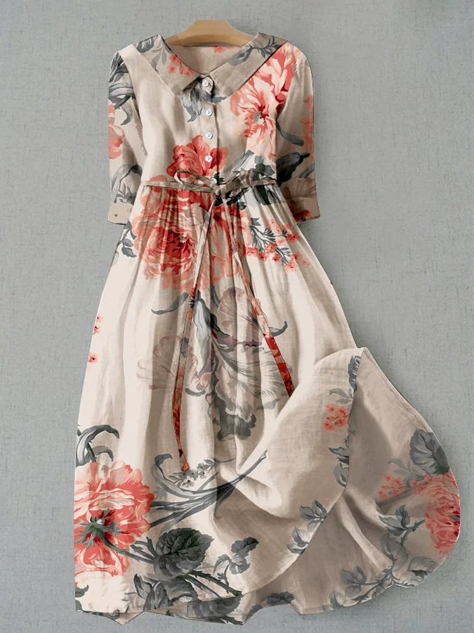 Women's Vintage Botanical Floral Print Lace-Up Pocket Dress
