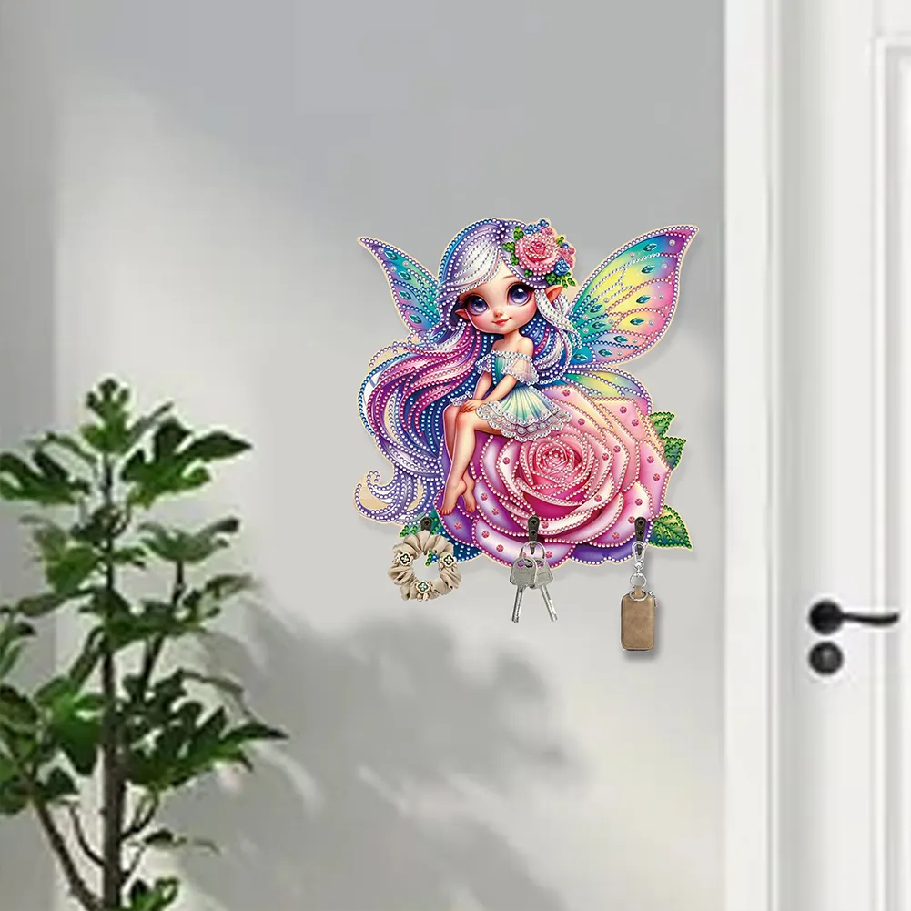 Wooden Elf Girl DIY Diamond Art Craft Wall Hooks A Row of 3 Hooks for Beginners