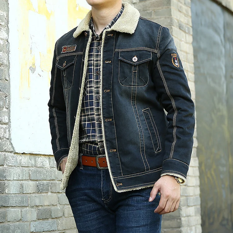 Veste Homme Mi Saison Casual Fleece-Lined Denim Jacket for Young Men Autumn and Winter Loose plus Size Warm Cotton Coat