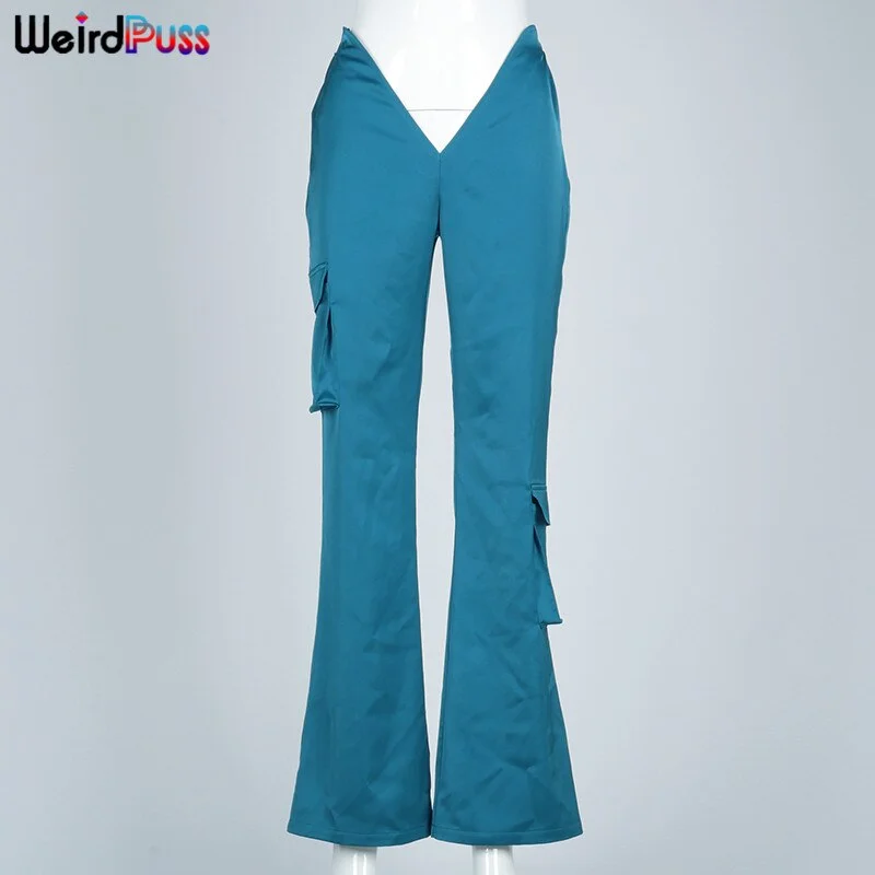 Weird Puss 2021 Spring Y2K Women V Cargo Pants Loose Solid Boot Cut Casual Pockets Streetwear Trousers Sporty Baggy Sportswear