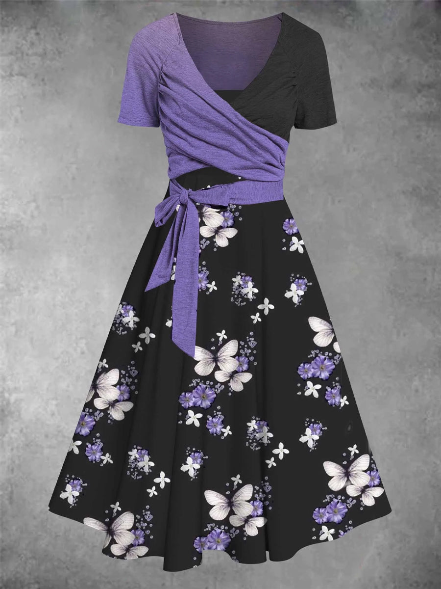 Butterfly Floral Art Print Short Sleeve Two-Piece Vintage Midi Dress