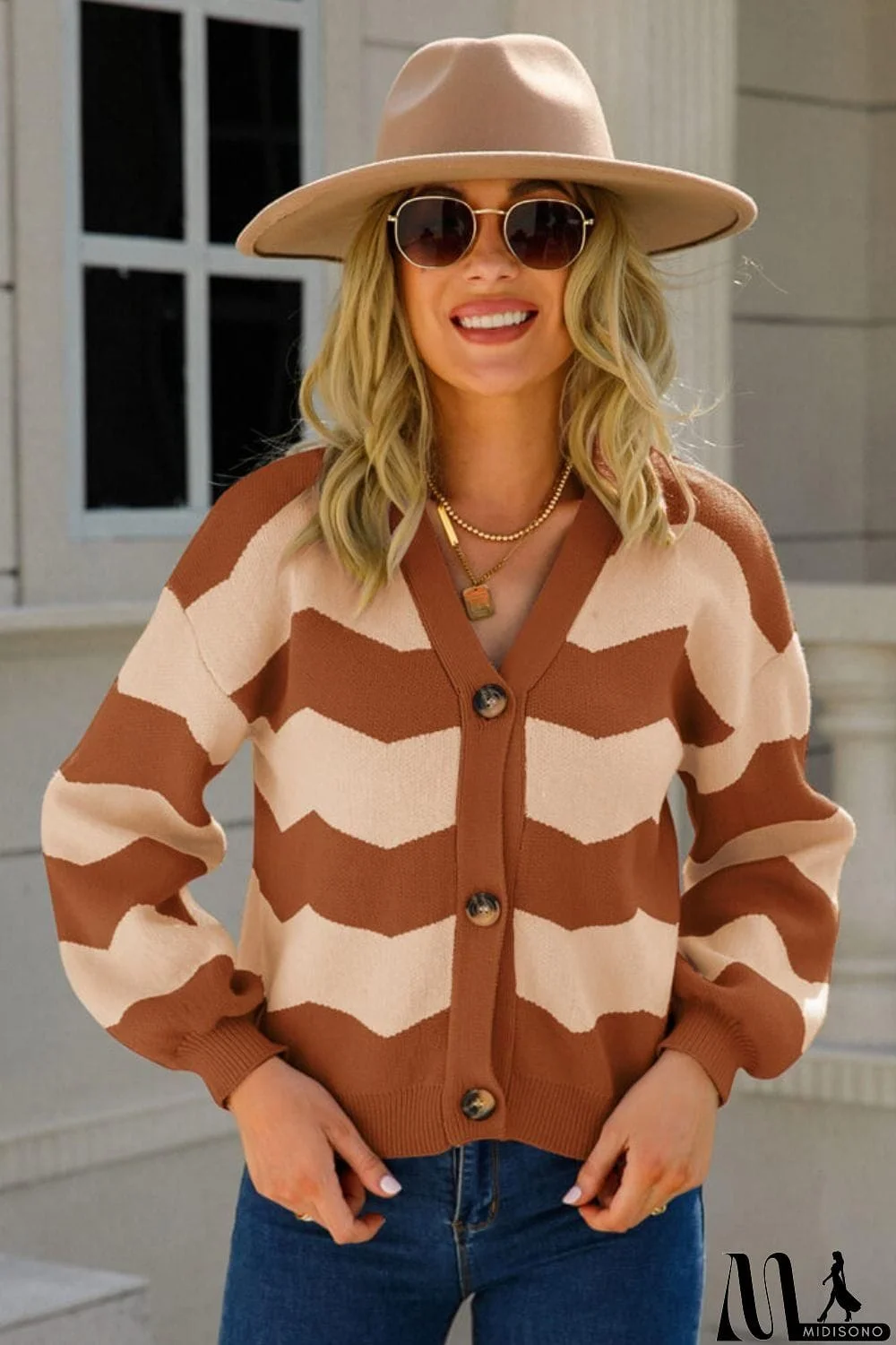 MidiSono - Two-Tone Chevron Dropped Shoulder Cardigan
