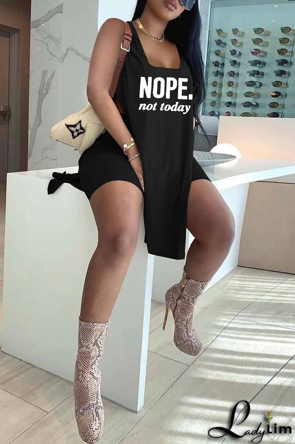 Red Fashion Casual Letter Print Slit U Neck Sleeveless Two Pieces