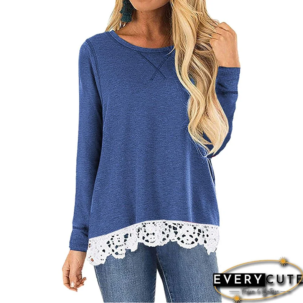 Blue Round Neck Lace Hem Long Sleeve Tops