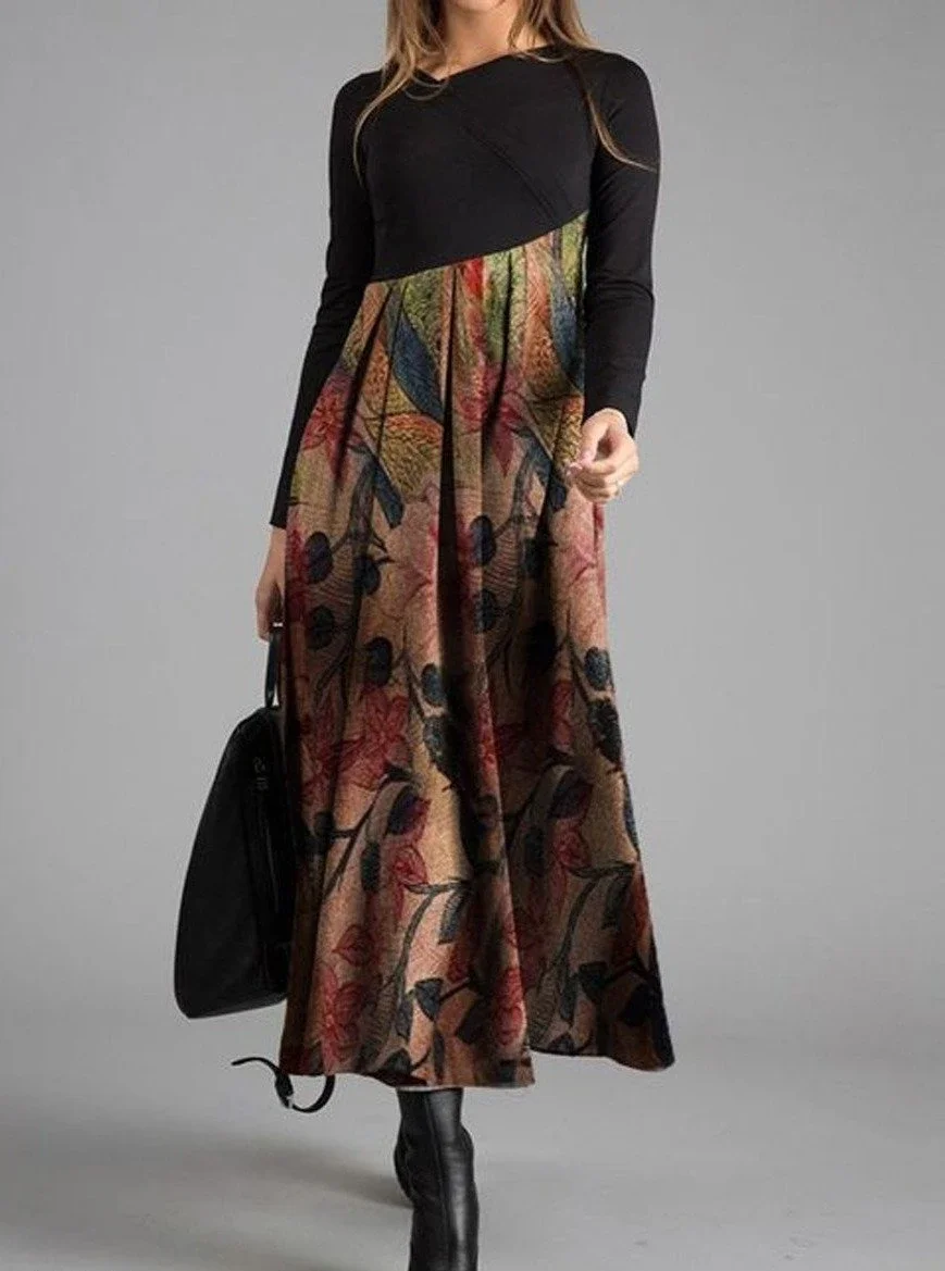 Vintage Floral Print Casual Long-sleeved Maxi Dress Black Dresses