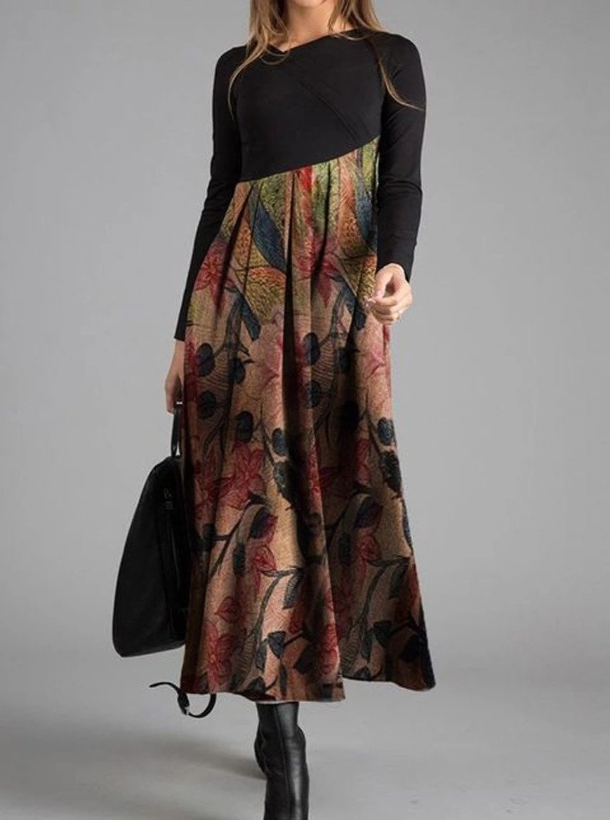 Vintage Floral Print Casual Long-sleeved Maxi Dress - VSMEE