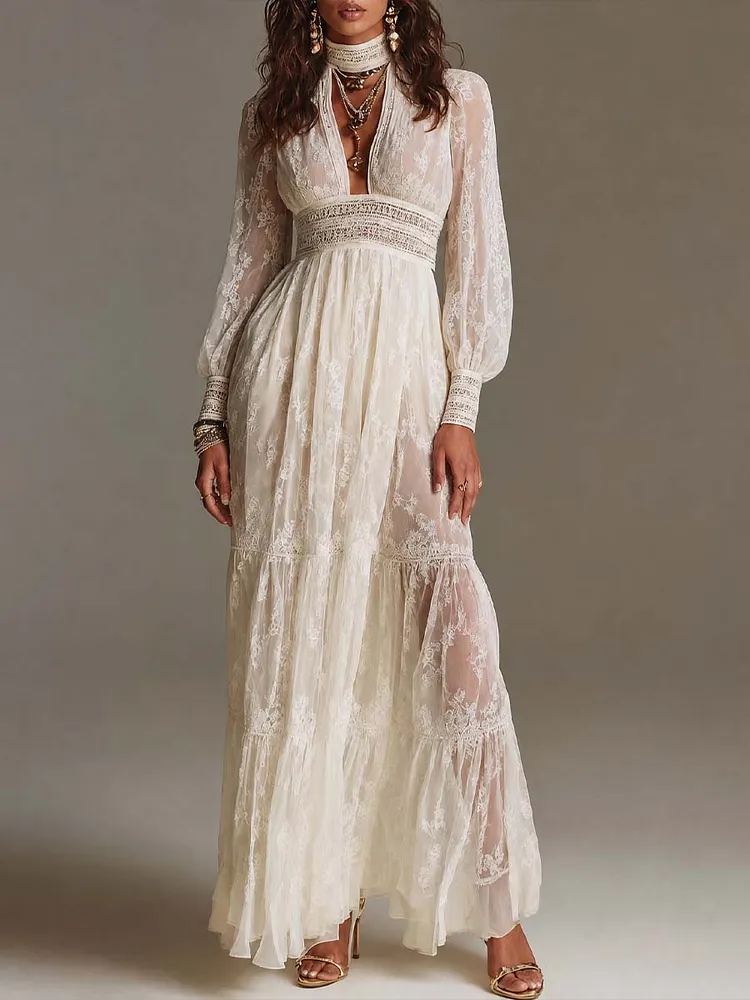 Boho High Neck Keyhole Cutout Smocked Waist Tiered Ruffle Lace Maxi Dress