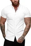 URRU Men's Muscle Dress Shirts Slim Fit Stretch Short Sleeve Casual Button Down Shirts for Men