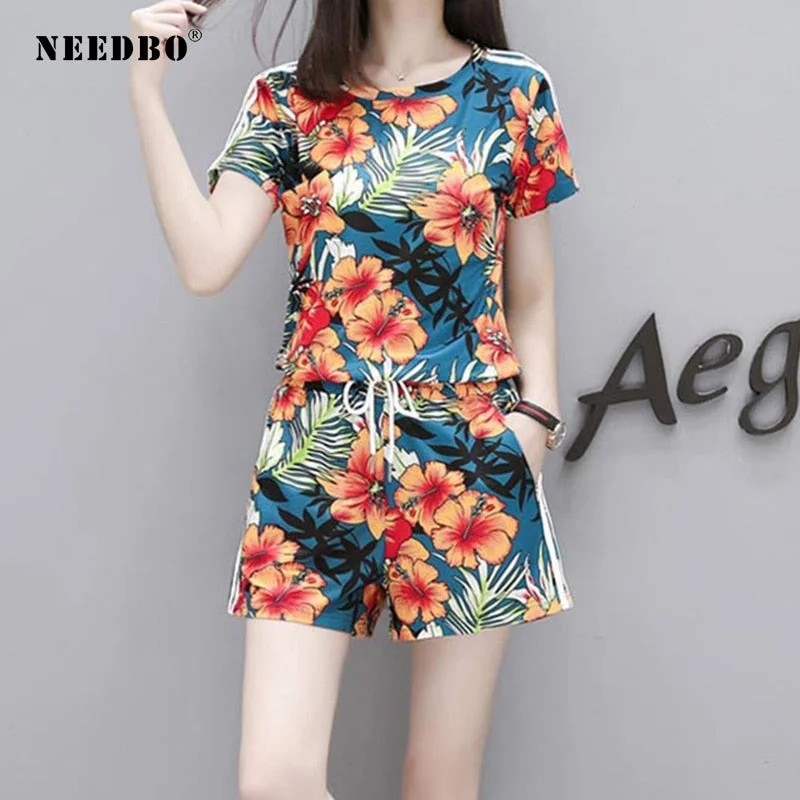 NEEDBO 2 Piece Set Women Shorts and Top Tracksuit Women Casual Two Piece Set Plus Size Women Outfit Clothes for Women Suit