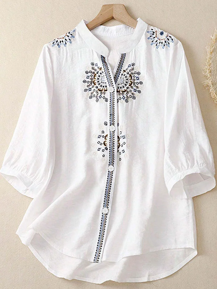 Comstylish Women's Casual Retro Ethnic Style Embroidered Cotton Shirt