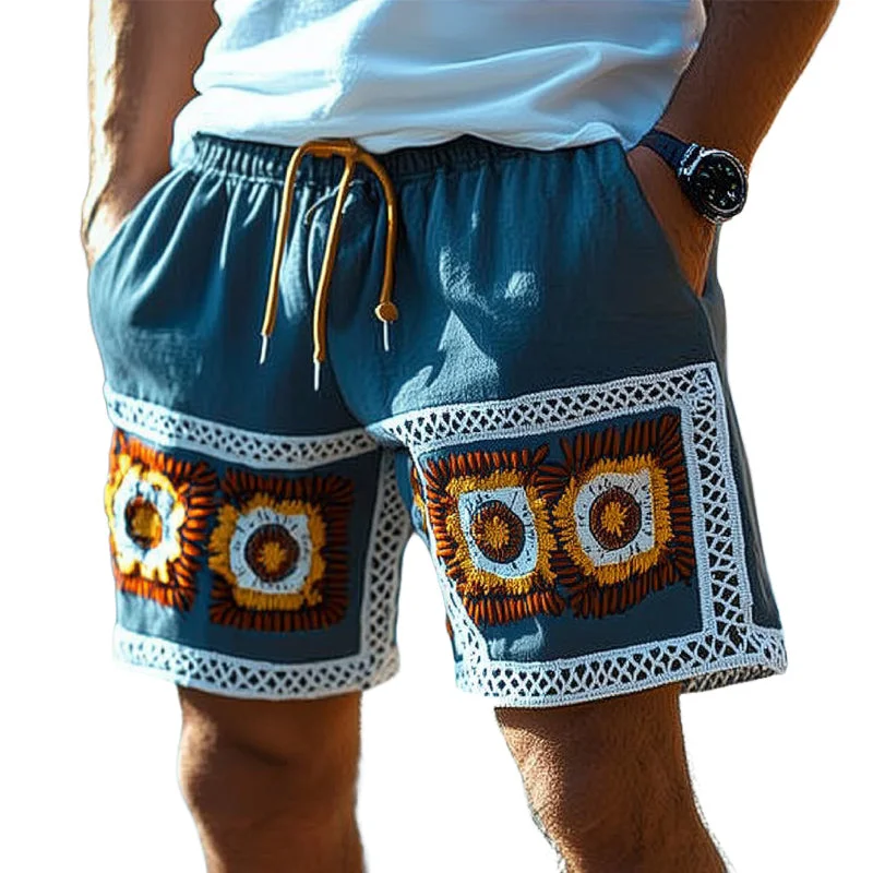 Blue Shorts with Embroidered Sunflower Pattern and Lace Trim