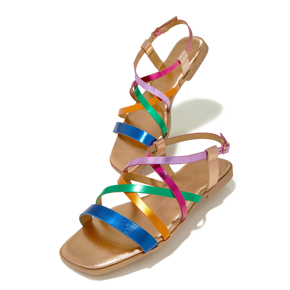 Multicolor Glitter Square Toe Flat Ankle Strap Sandals Nicepairs
