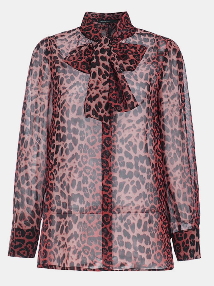 Sexy Leopard Print Long Sleeve Shirt Bow Tie Casual Blouse P1633113