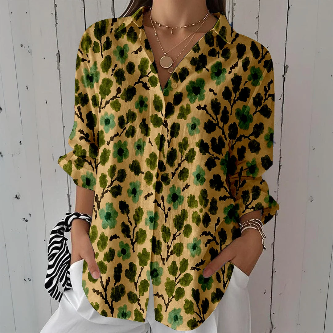 Style & Comfort for Mature Women Women Floral, Khaki, Green DZCL0155 3/4 Sleeve Shirt Collar Printed Button Tops